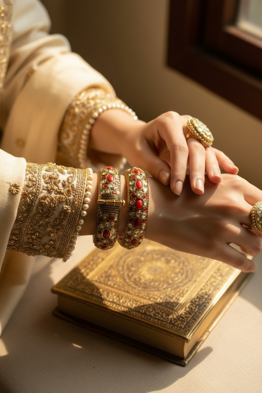 Traditional Gold-Plated Red and White Stone Bangle Bracelet