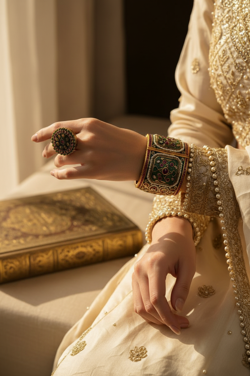 Exquisite Green Enamel Kundan Bangle