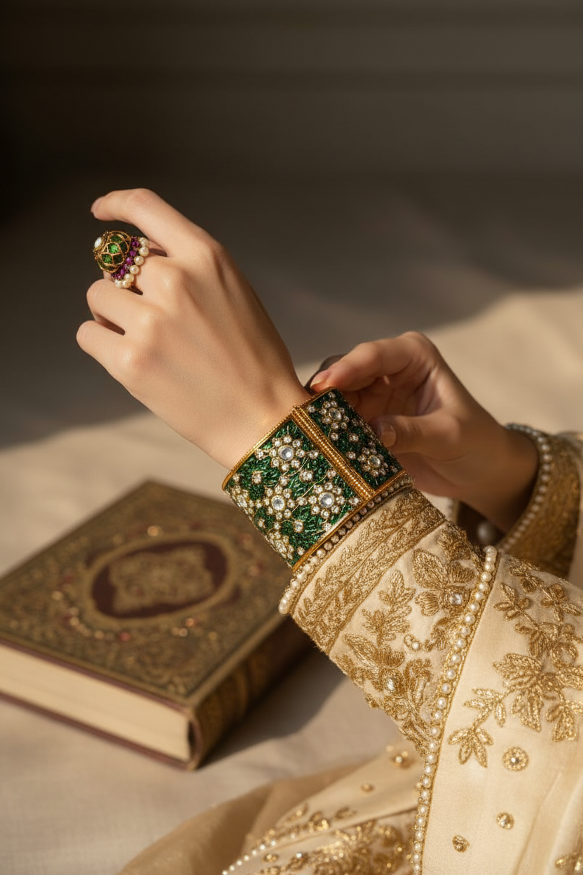 Emerald Green & White Stone Gold-Plated Bangle