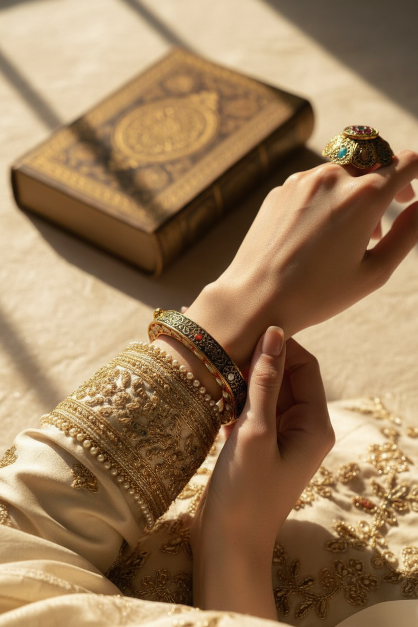 Ornate Gold-Toned Bangle with Colorful Stones