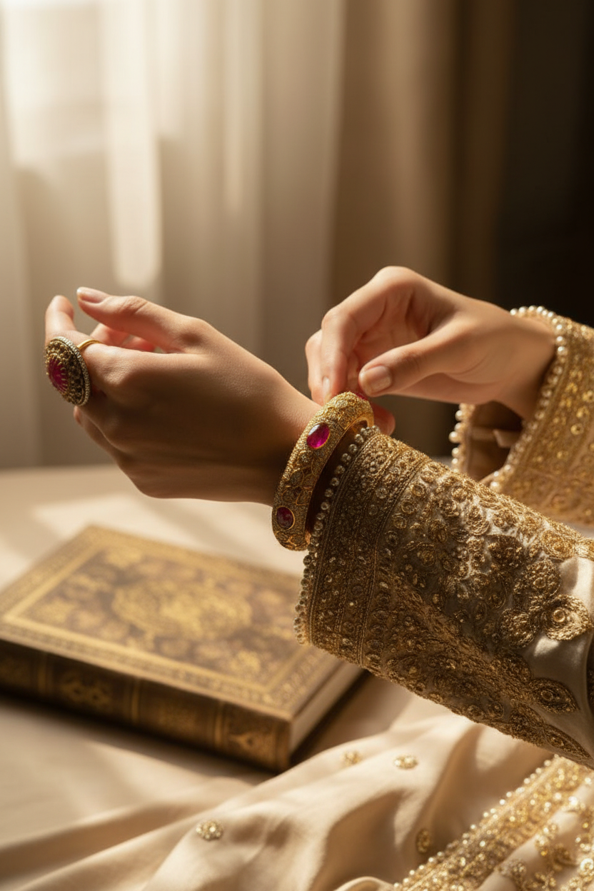 Intricate Gold-Toned Bangle with Ruby & Pearl Accents