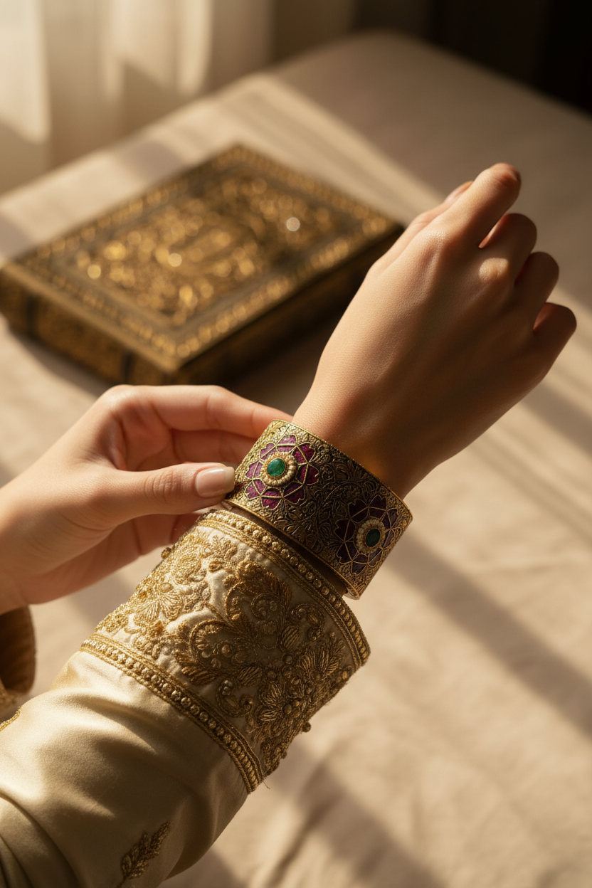 Ruby & Green Stone Gold-Toned Bangle