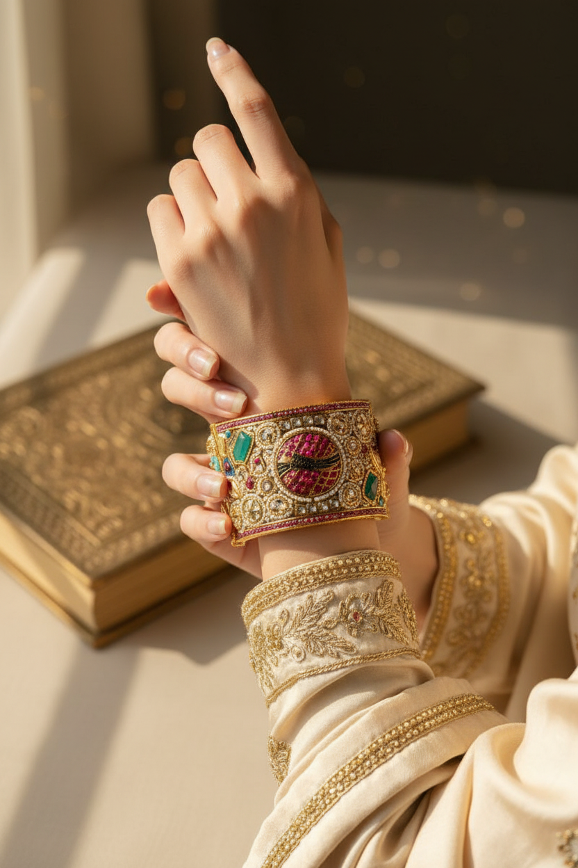 Ornate Multi-Stone & Pearl Gold-Toned Bangle
