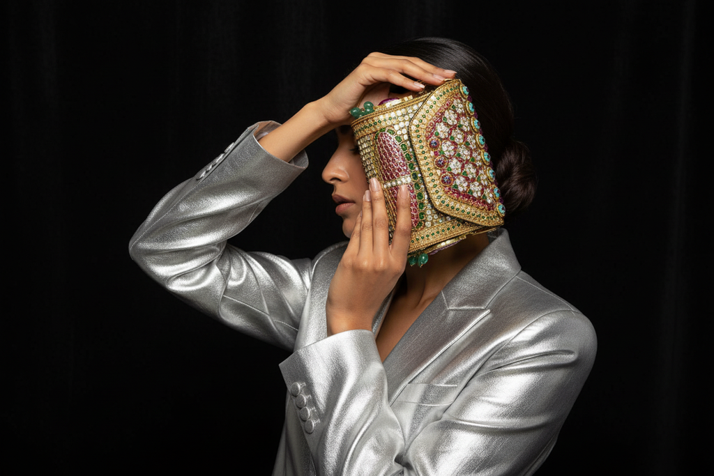 Ethnic Multi-Gemstone Embellished Gold Clutch