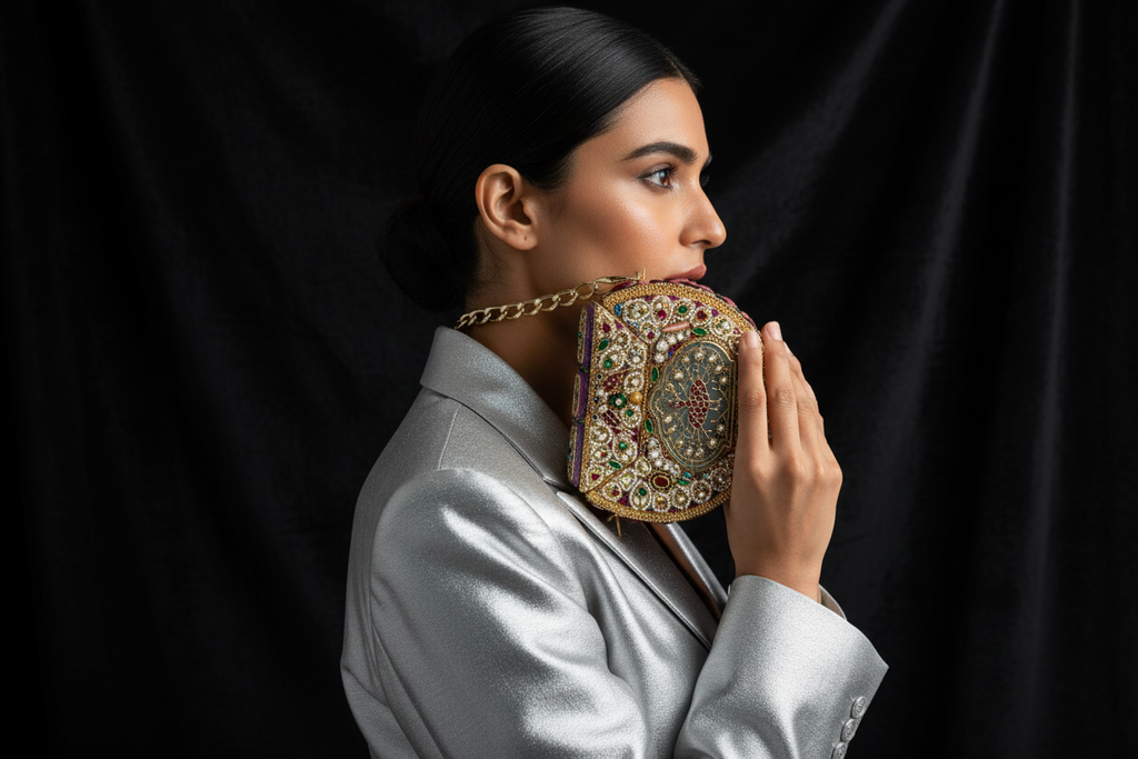 Embellished Ethnic Clutch with Peacock Motif