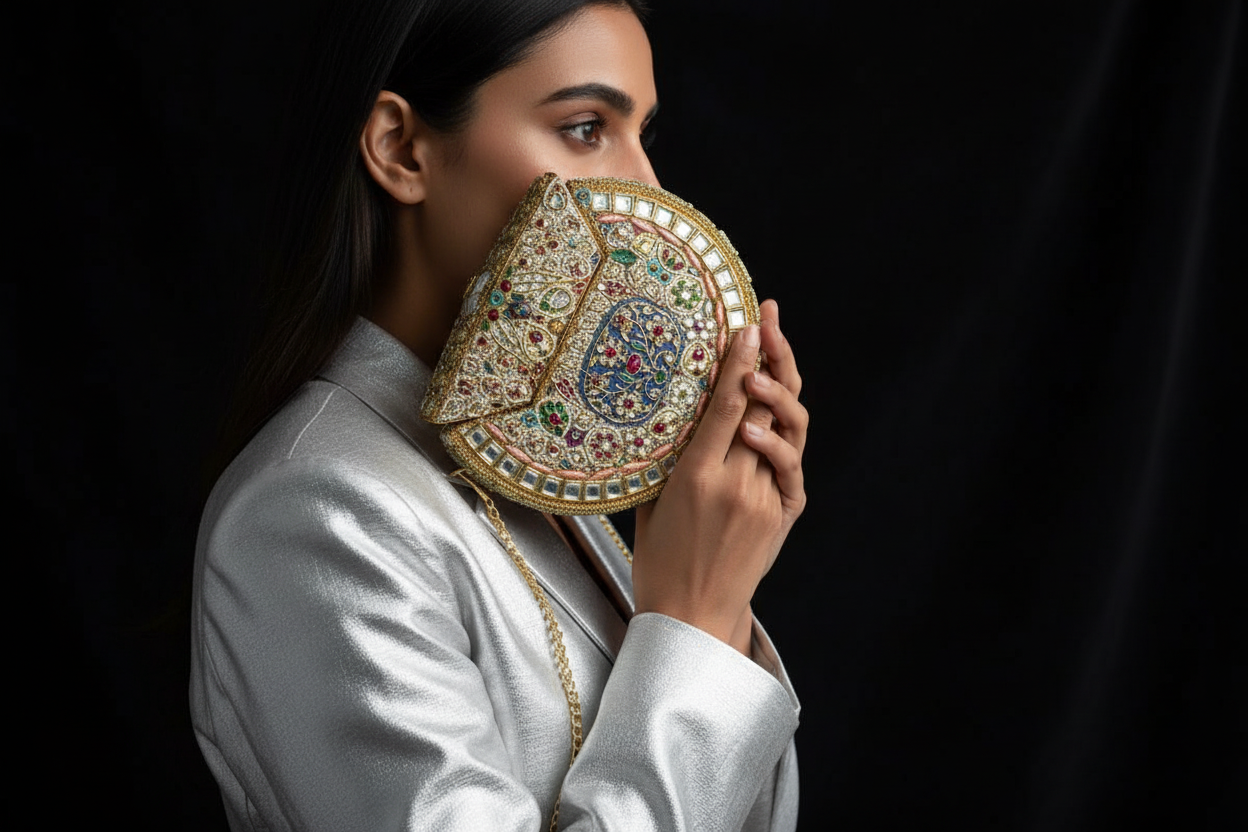 Embellished Kundan Stone Gold Clutch