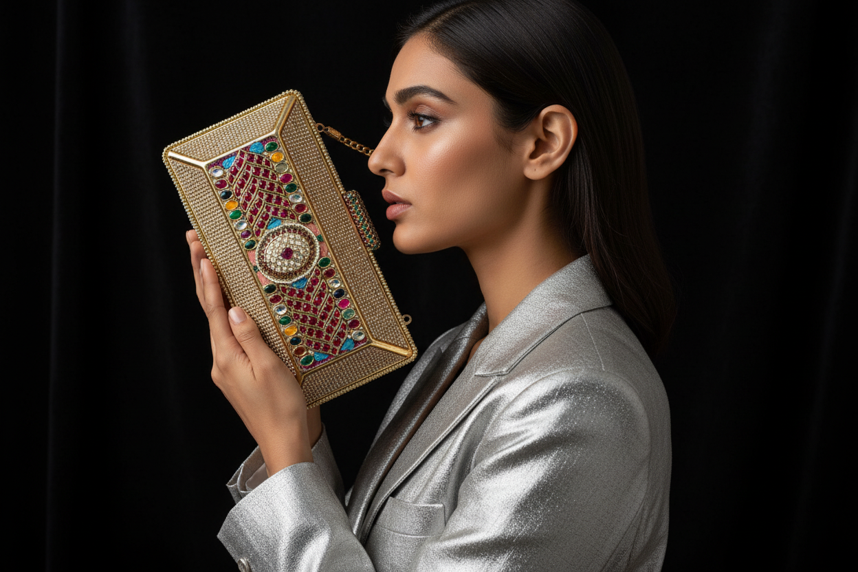 Jeweled Stone Gold Box Clutch Bag