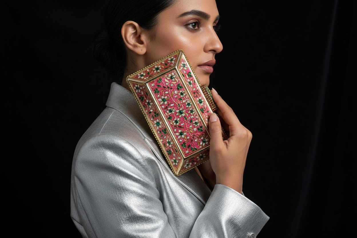Pink Embroidered Stone-Embellished Clutch