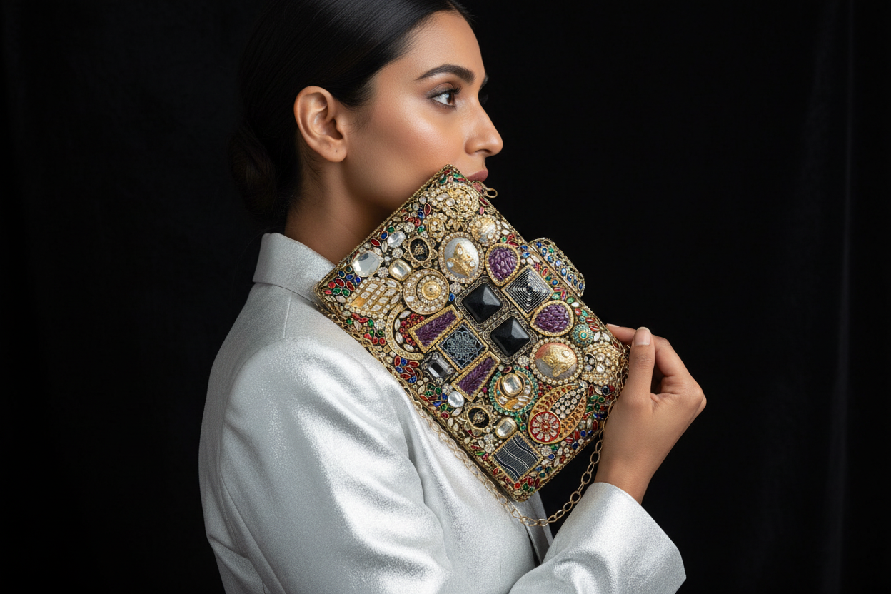 Embellished Ethnic Clutch with Chain Strap