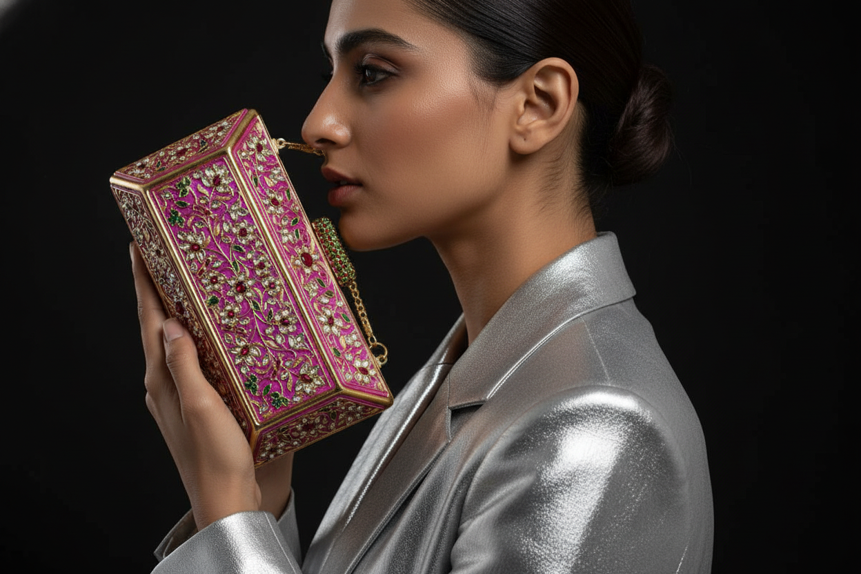 Magenta Embellished Stone Box Clutch