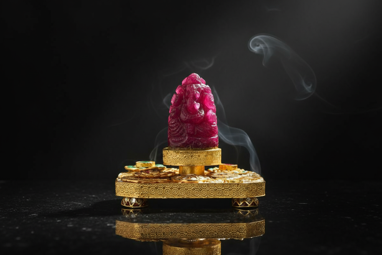 Ruby Ganesha Idol on Gold Plated Base