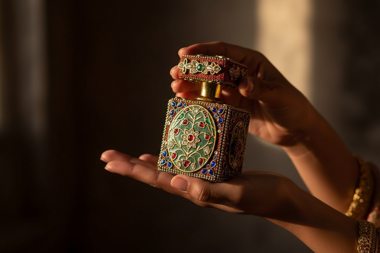 Ornate Gemstone and Enamel Ittar Bottle