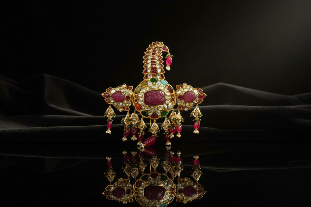 Traditional Indian Ruby & Polki Kalgi Turban Ornament