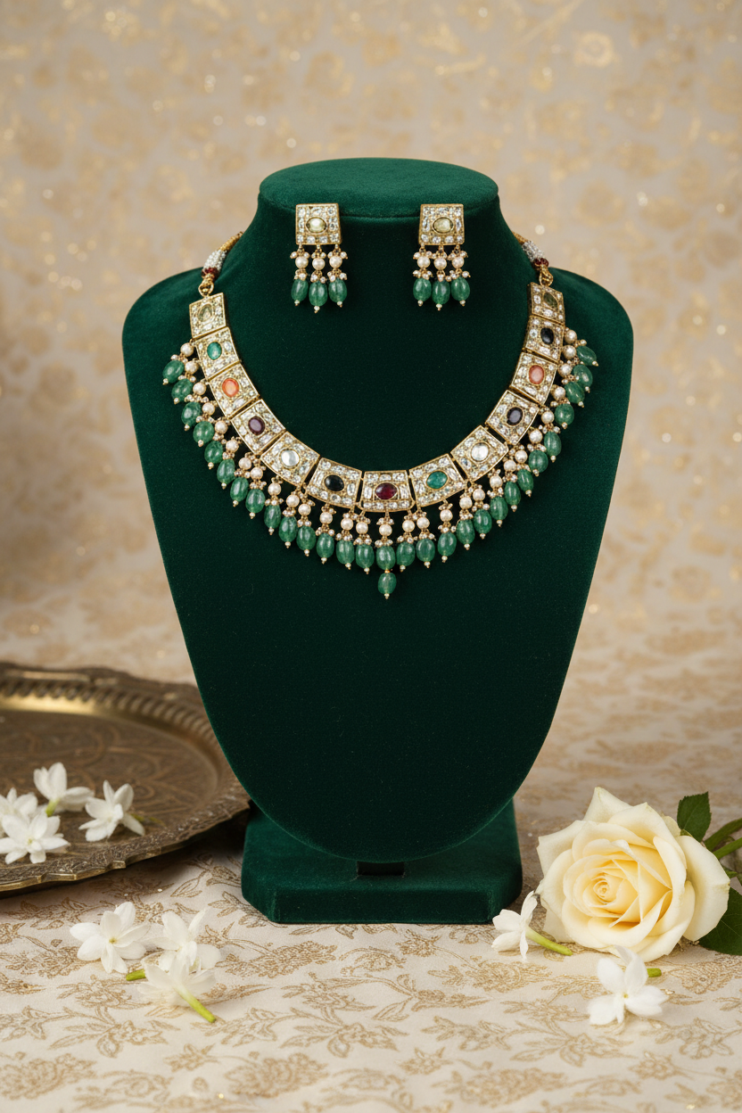 Traditional Gold Plated Gemstone & Pearl Necklace