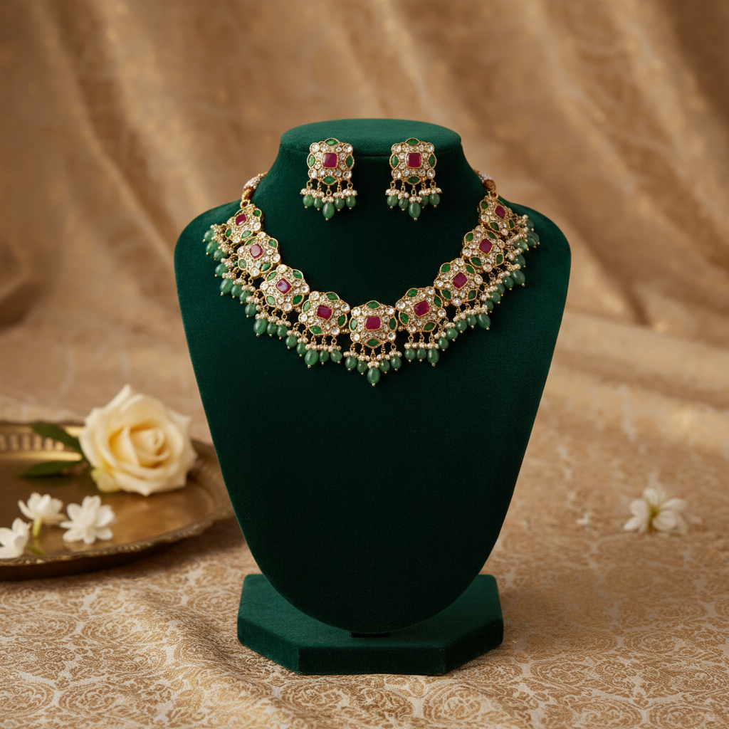 Kundan Pearl Necklace Set By Fluorite