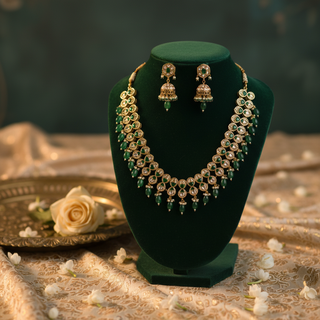 Emerald Kundan Jewellery Set By Fluorite