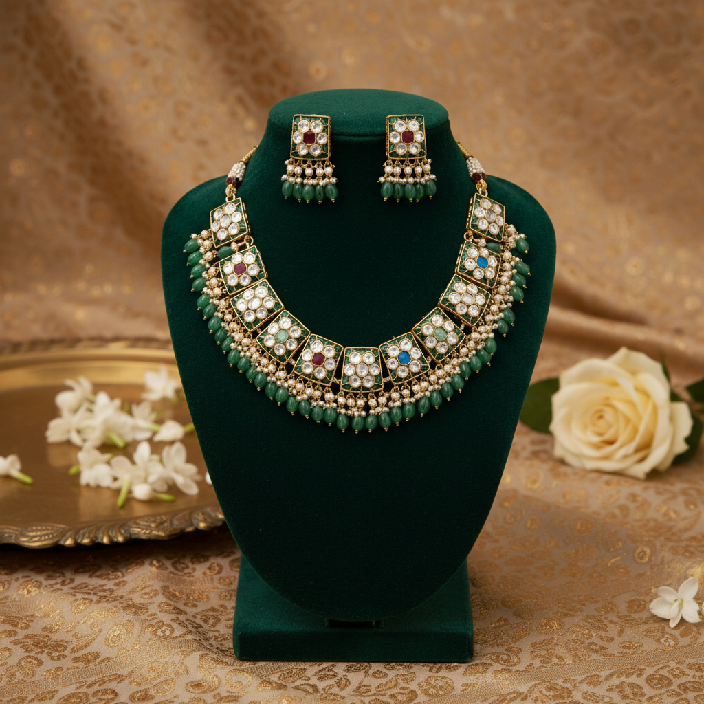 Kundan Pearl Green Jewellery Set By Fluorite