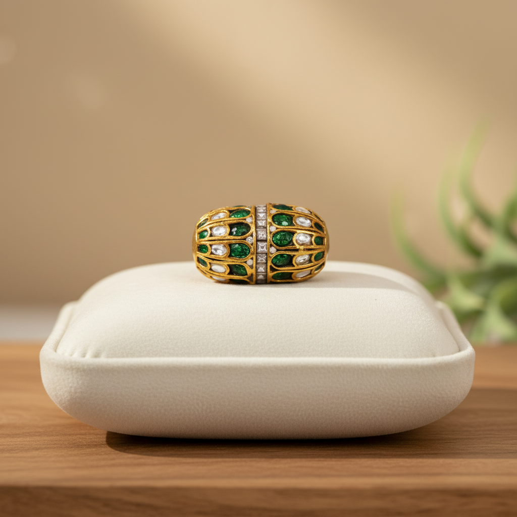 Gold Green White Barrel Bead