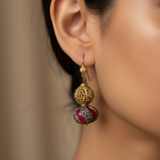 Temple-Style Ornate Ruby Drop Earrings