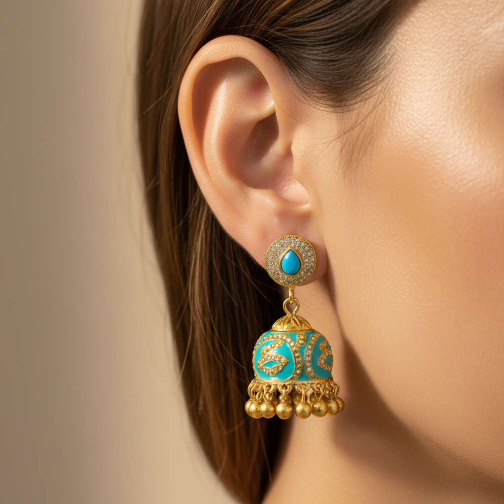 Teal Gold Jhumka Earrings