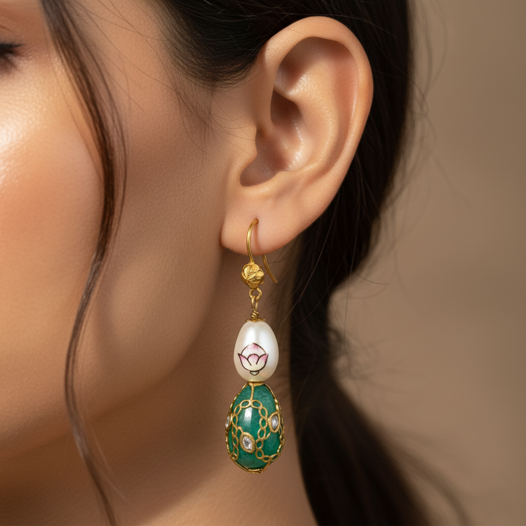 Lotus Pearl Emerald Earrings