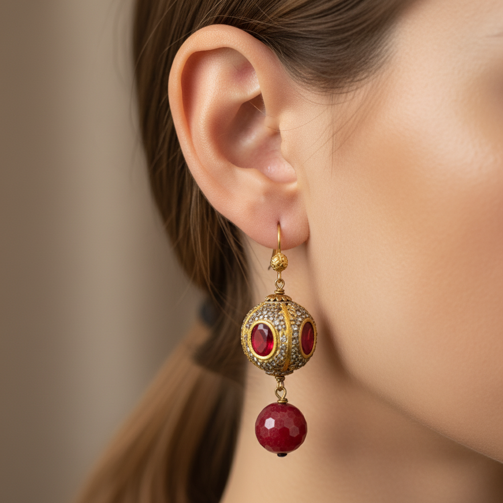 Ornate Gold Red Earrings
