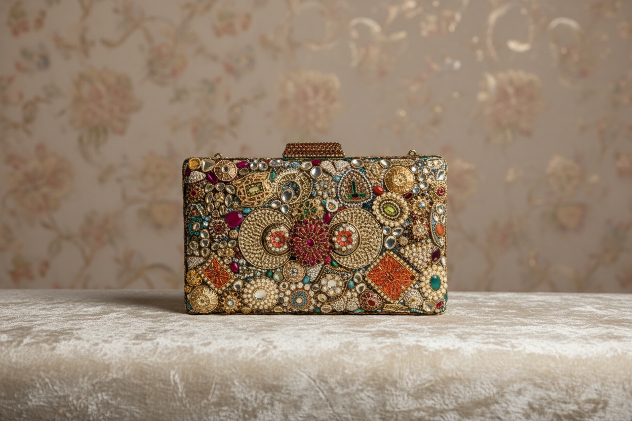 Luxurious Kundan & Stone Embellished Clutch Bag
