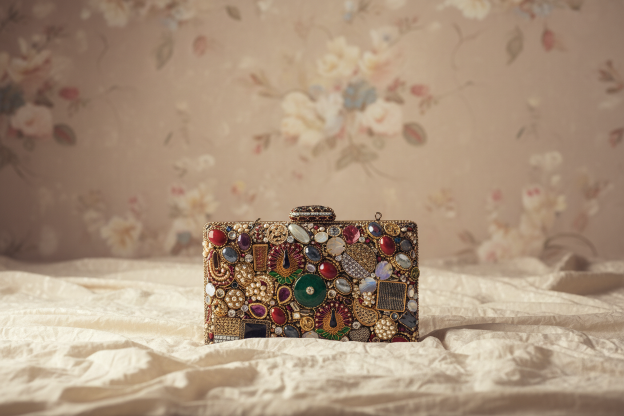 Embellished Geometric Red & Gold Clutch