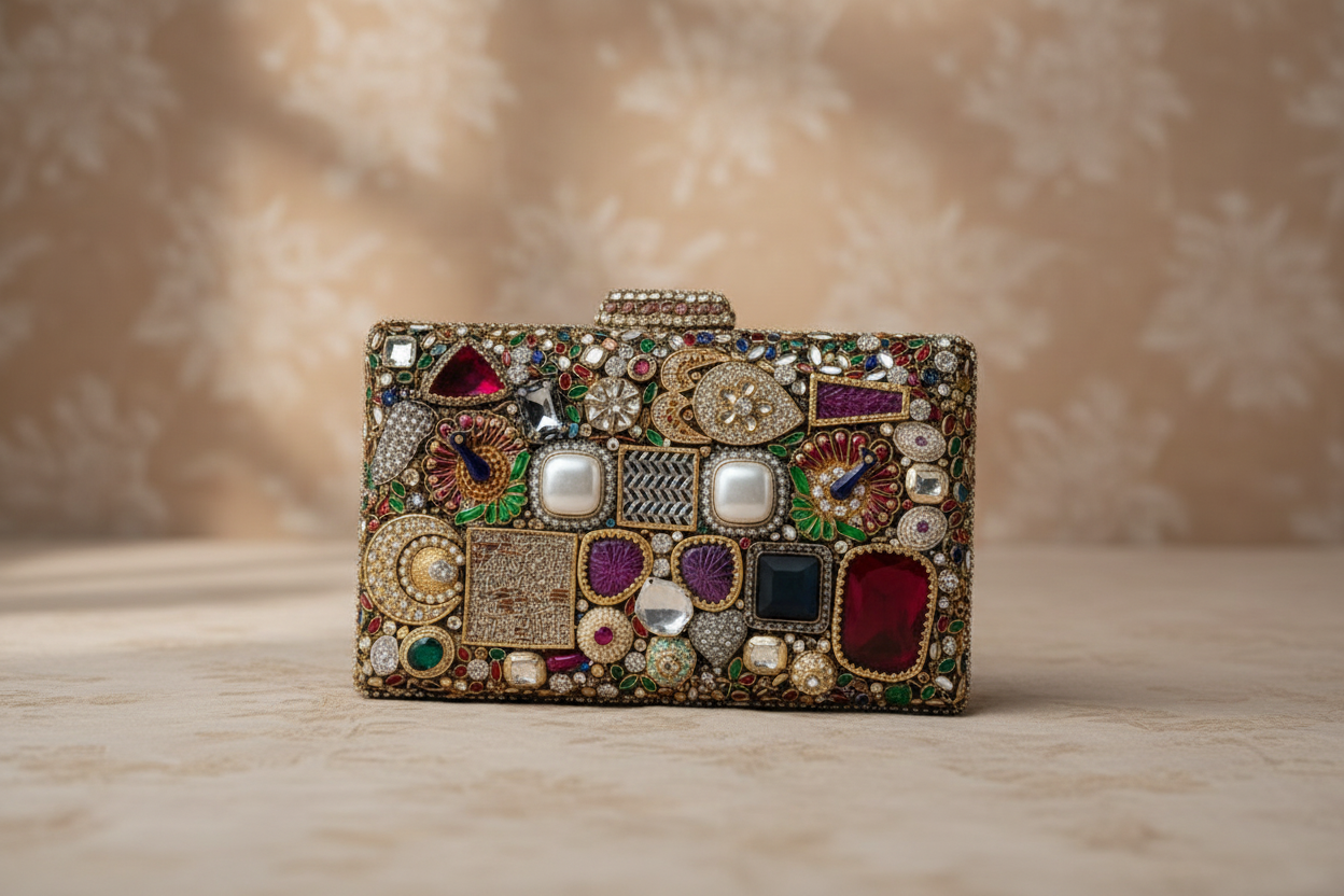 Green Enamel Floral Gemstone Clutch