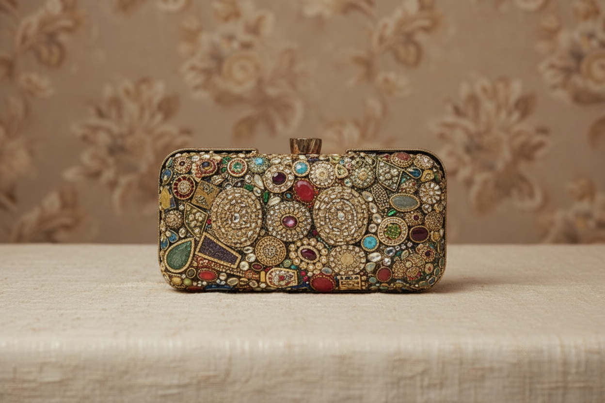 Embellished Ethnic Clutch with Chain Strap