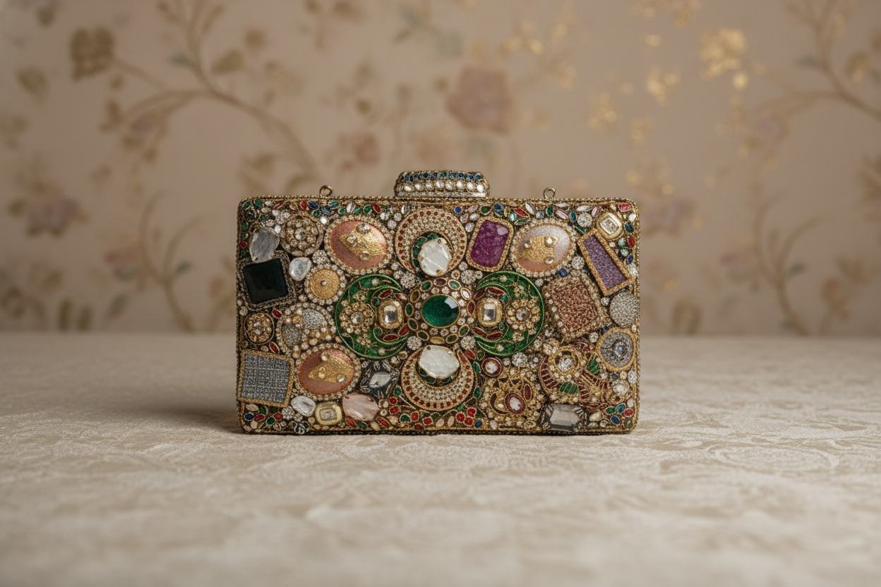 Ornate Hand-Embellished Jewel Stone Clutch