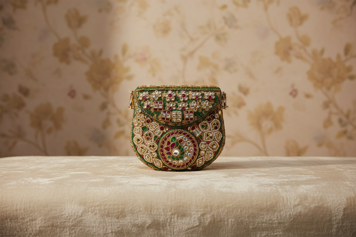 Embellished Kundan & Meenakari Clutch with Chain