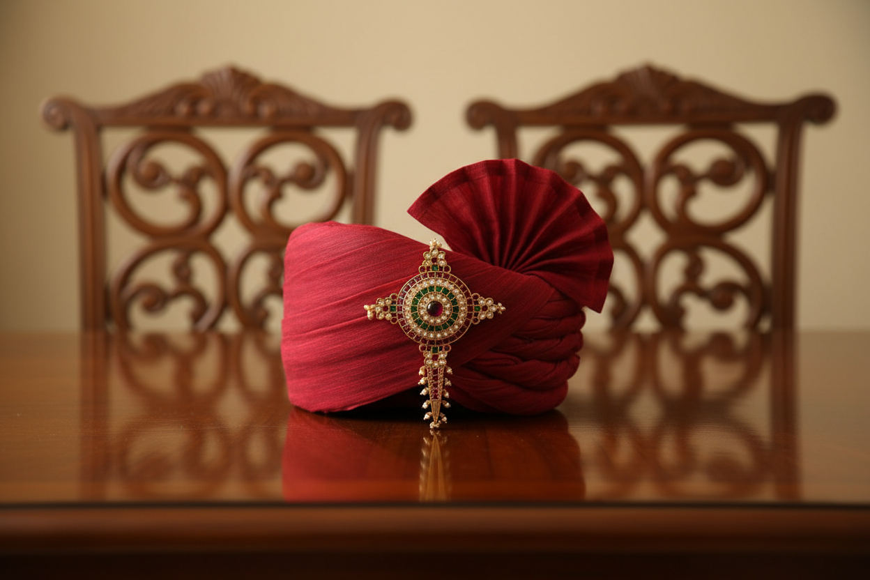 Traditional Gold Kalgi with Ruby, Emerald & Pearl Drops