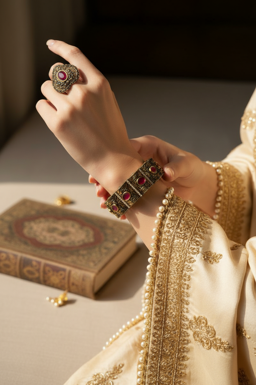 Golden Ruby Stone & White Embellished Bangle