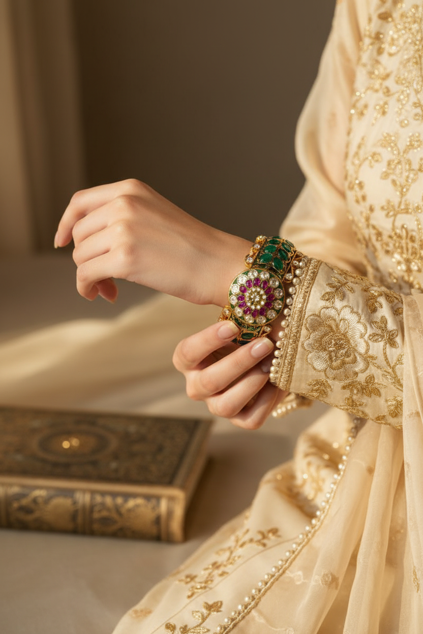 Intricate Emerald & Kundan Gold-Plated Bangle
