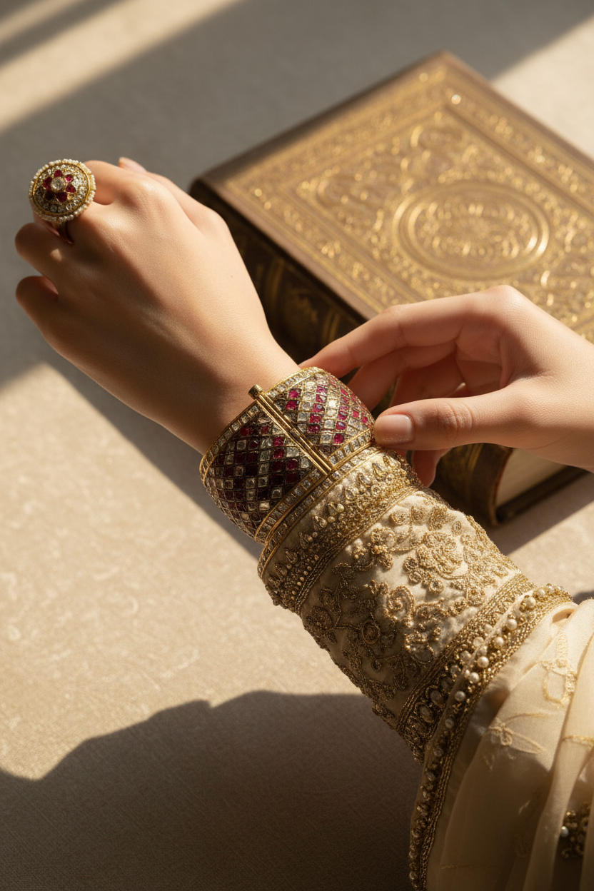Gold-Toned Ruby & White Stone Lattice Bangle