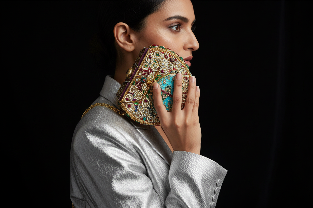 Embellished Metal Clutch with Chain Strap