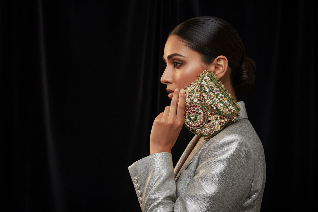 Embellished Kundan & Gemstone Clutch with Gold Chain