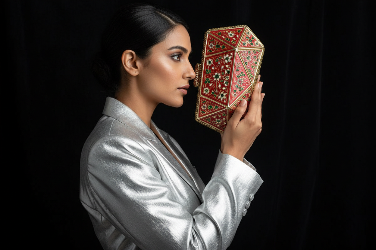 Red and Gold Jewel-Embellished Octagonal Clutch
