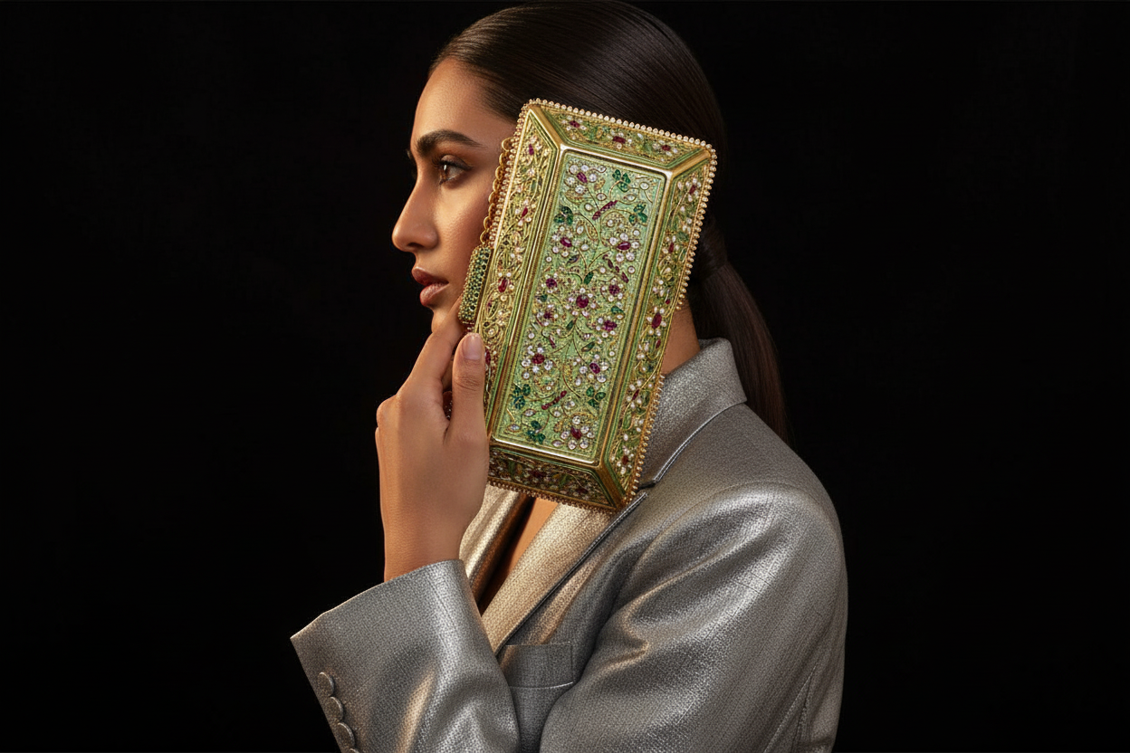 Green Enameled Gemstone Box Clutch