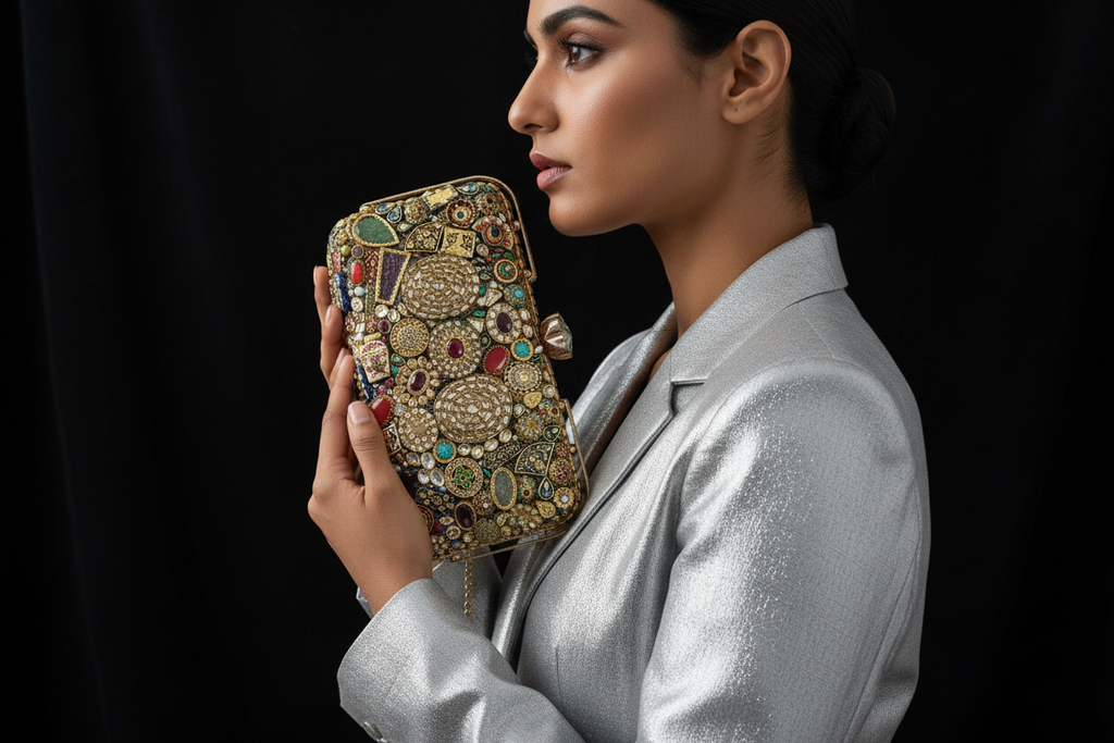 Embellished Kundan & Meenakari Clutch with Chain