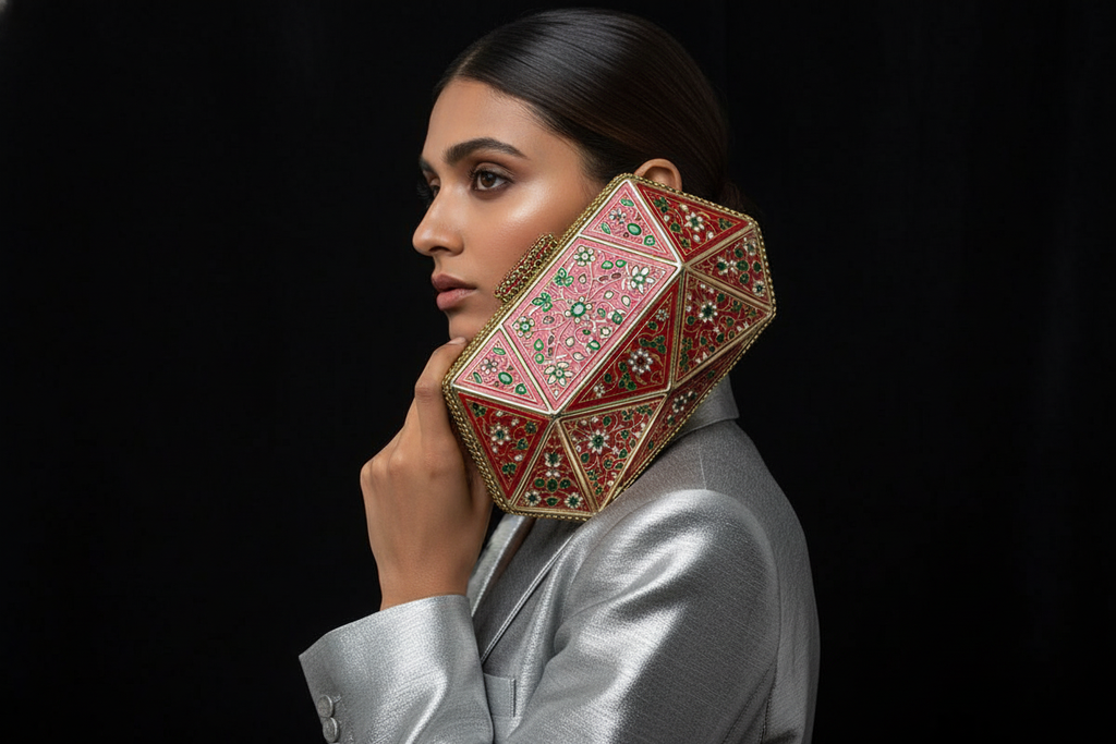 Embellished Geometric Red & Gold Clutch