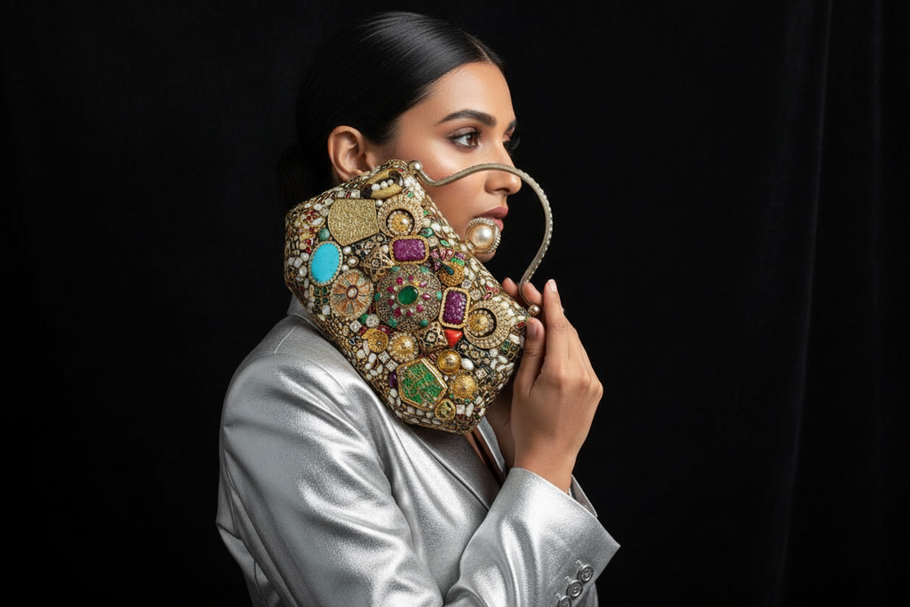 Embellished Gemstone and Pearl Clutch