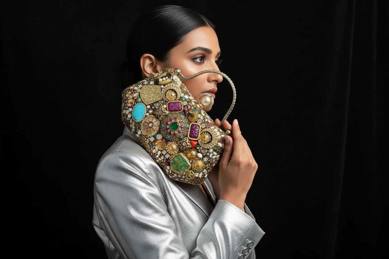 Embellished Gemstone and Pearl Clutch