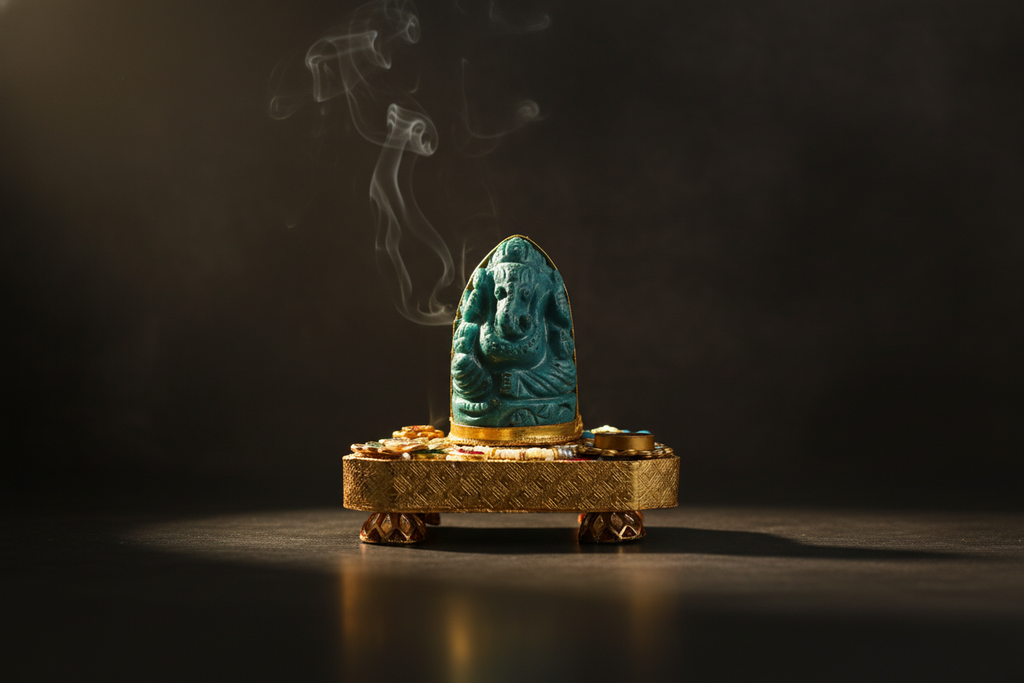 Turquoise Carved Ganesha Idol with Gold Embellished Base
