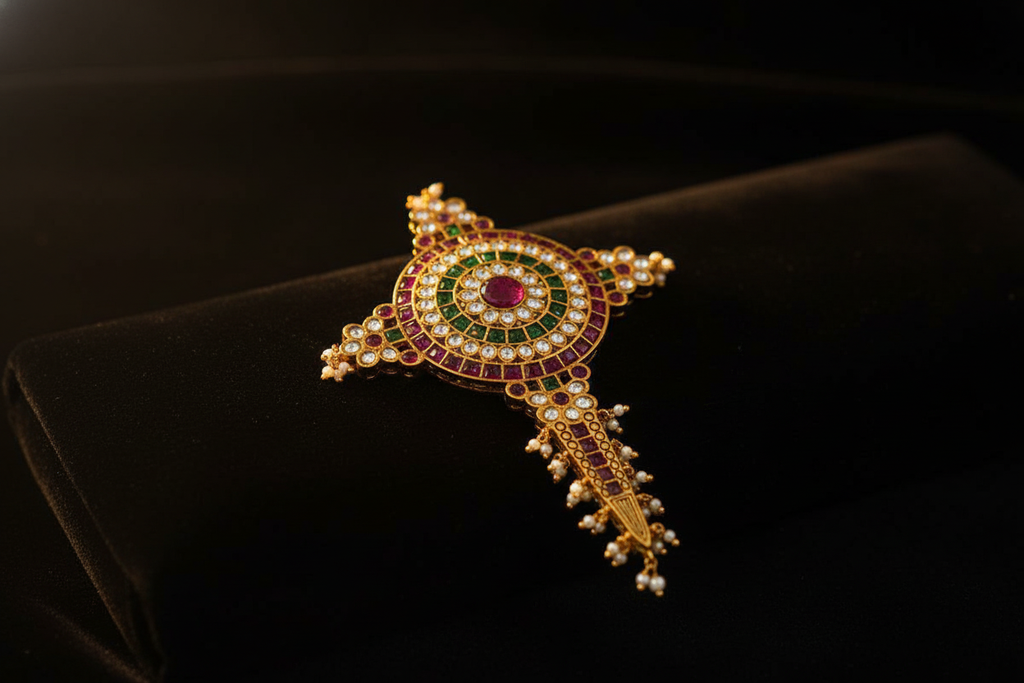 Traditional Gold Kalgi with Ruby, Emerald & Pearl Drops