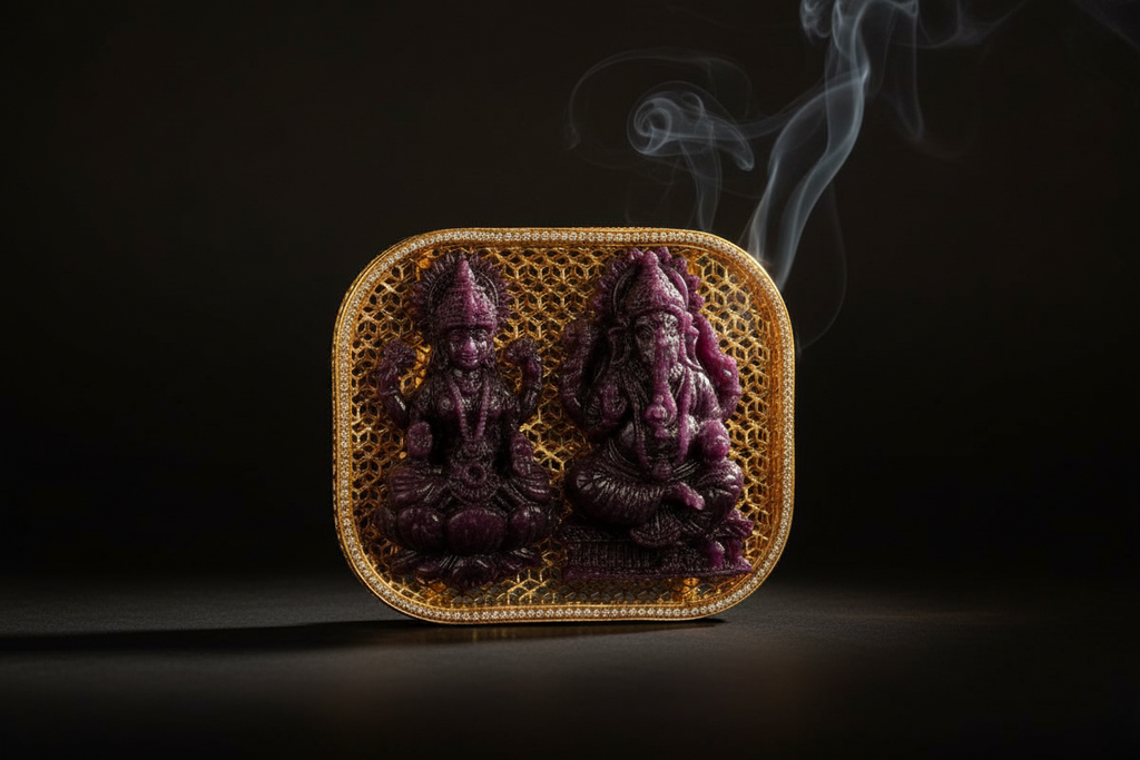 Ruby Carved Lakshmi Ganesha Idols with Diamond Gold Frame