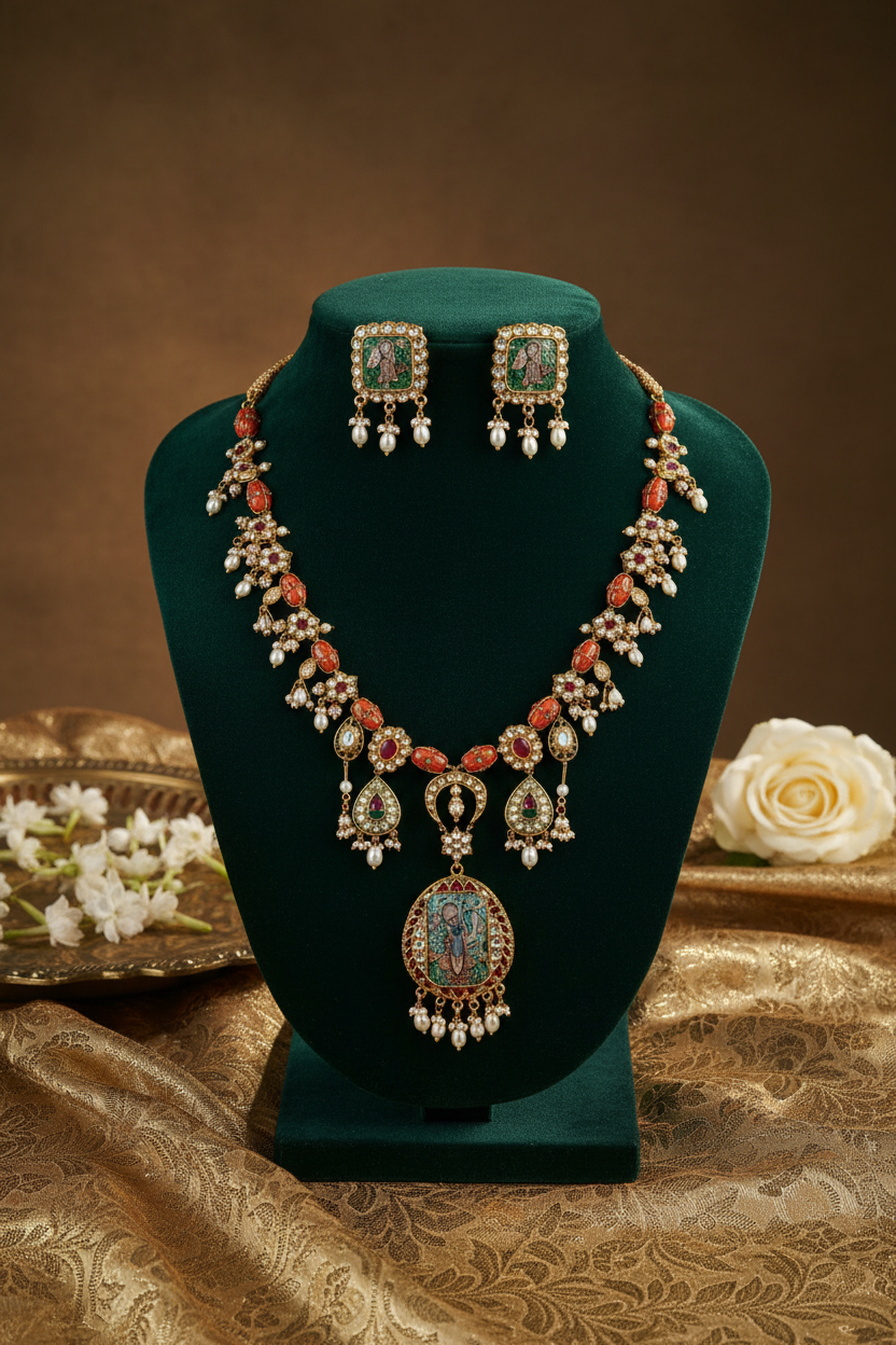 Traditional Golden Coral Necklace with Deity Pendant