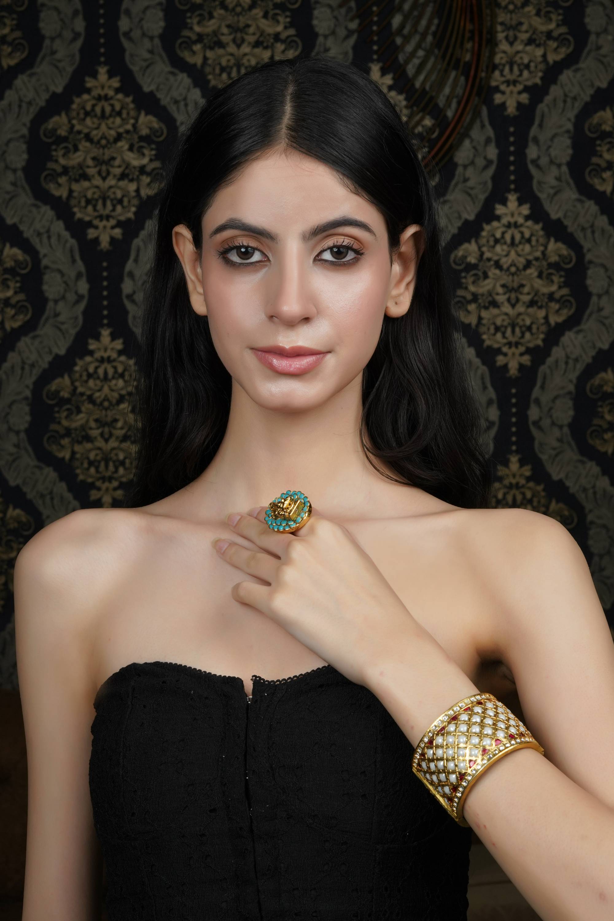 Gold-Plated Pearl & Ruby Lattice Bangle