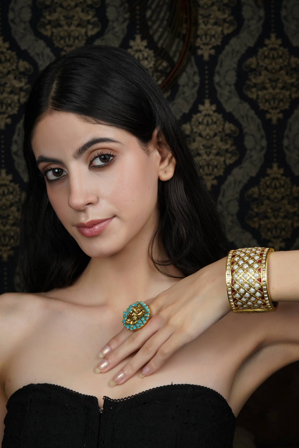 Gold-Plated Pearl & Ruby Lattice Bangle